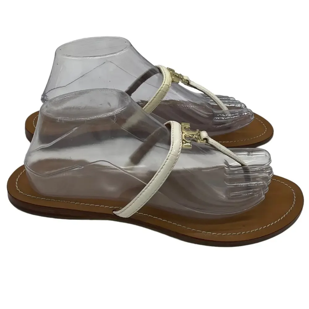 Tory Burch 'T' Logo Leather Thong Sandal - White - 9